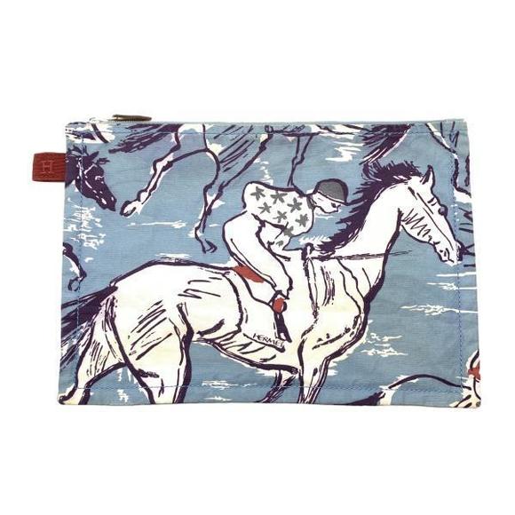 Hermes Flat GM Horse Pattern Pouch Light Blue - Picture 1 of 9